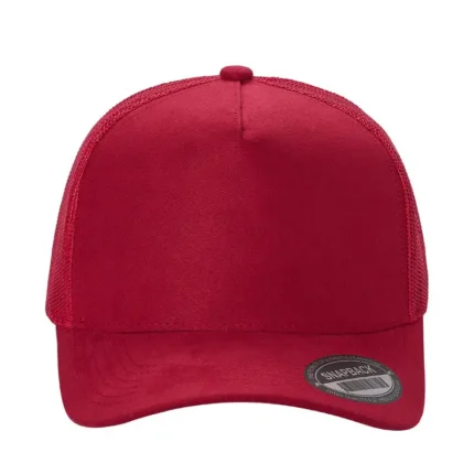 Suede mesh five-panel trucker hat with curved brim