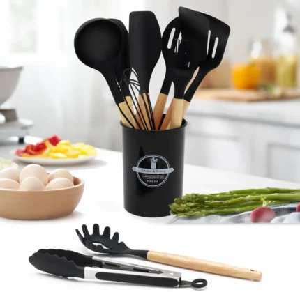 12-piece silicone kitchen utensil set with wooden handles in assorted color options