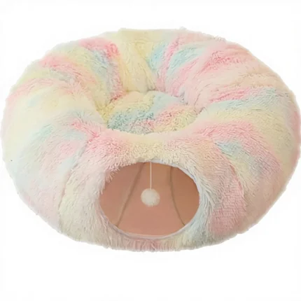 Round plush peekaboo cat tunnel bed with donut cushion in colorful and grey options
