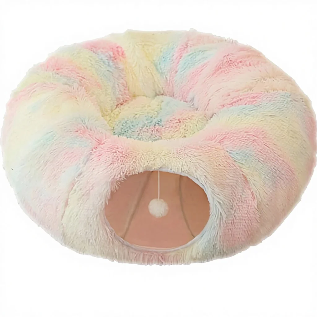 H0f09936bc854493a8d368dc2e2a22581R.webp Round plush peekaboo cat tunnel bed with donut cushion in colorful and grey options
