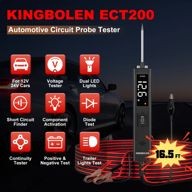 Kingbolen ECT200 automotive circuit tester with 1.5-inch screen for 12V and 24V vehicle systems