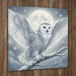Square iron wall sign featuring a snowy owl beneath a full moon