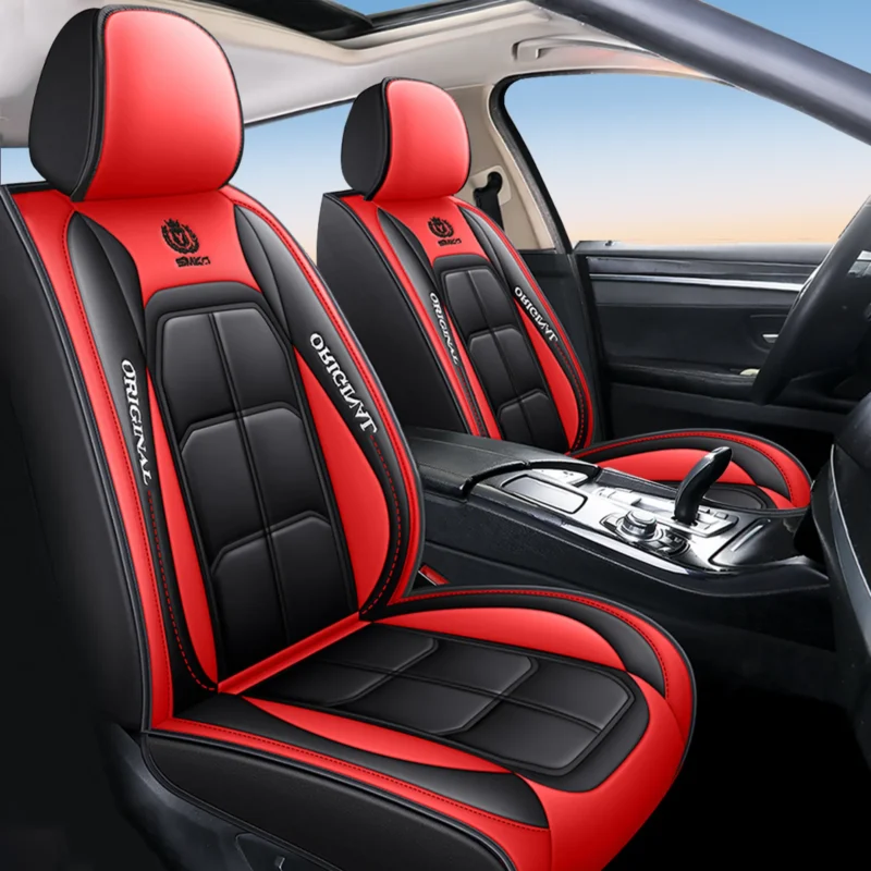 Universal leather car seat cover set in black and black with red for front rear seats and headrests