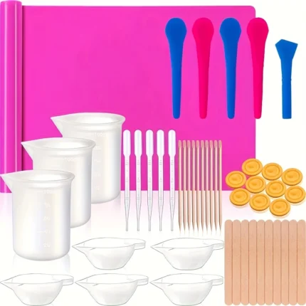 Pink 49-piece silicone mold and epoxy resin crafting tool set with measuring cups and droppers