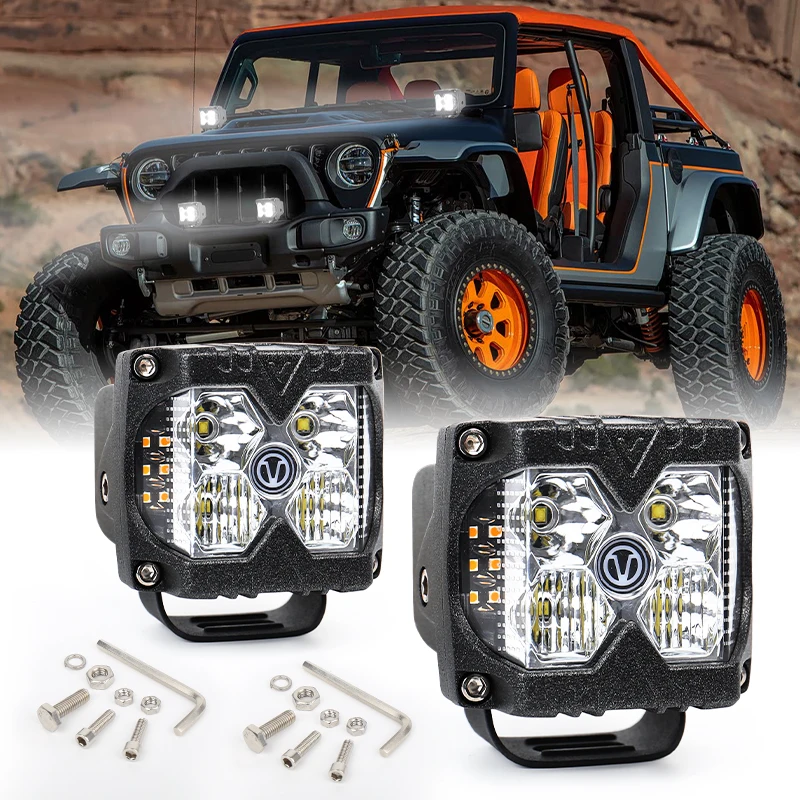 40W side shooter LED light pods with aluminum housings and mounting brackets for trucks and off-road vehicles