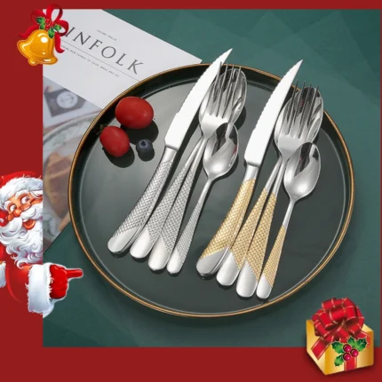 Gold and silver stainless steel Western cutlery set with knife fork spoon and tea spoon