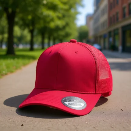 Suede mesh five-panel trucker hat with curved brim
