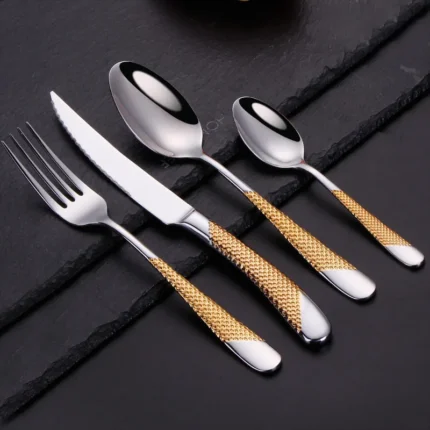 Gold and silver stainless steel Western cutlery set with knife fork spoon and tea spoon