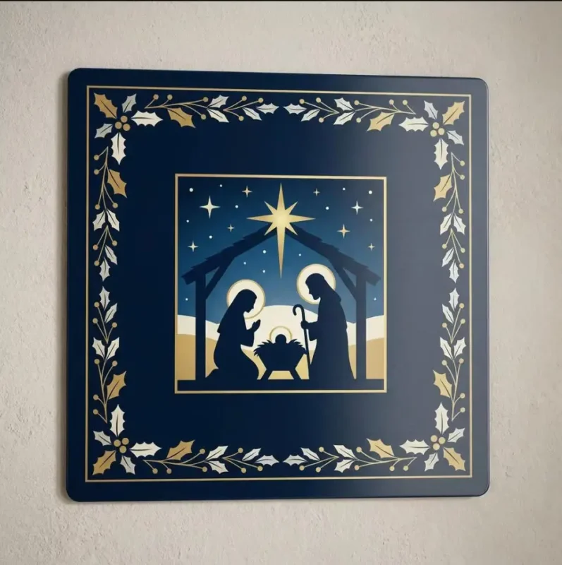 Square iron wall sign featuring a snowy owl beneath a full moon