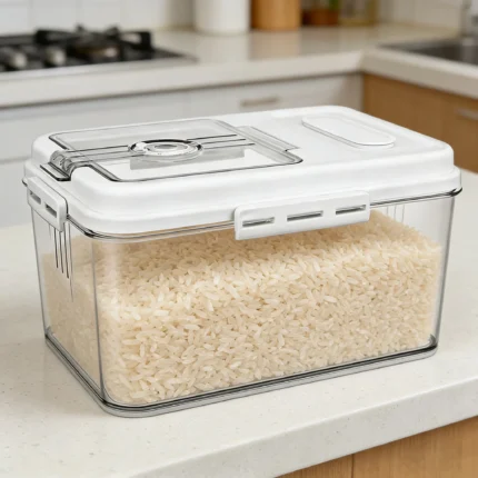 Transparent medium rectangular plastic food storage container with airtight lid