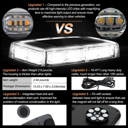 48-LED 12V roof-mounted warning light bar with magnetic and suction-cup mounting
