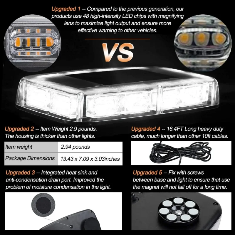 48-LED 12V roof-mounted warning light bar with magnetic and suction-cup mounting