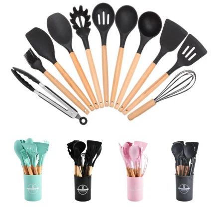 12-piece silicone and wood kitchen utensil set in green, black, pink, or gray