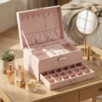 Three-tier leather jewelry storage box with drawer-style design available in multiple colors