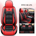 Universal leather car seat cover set in black and black with red for front rear seats and headrests