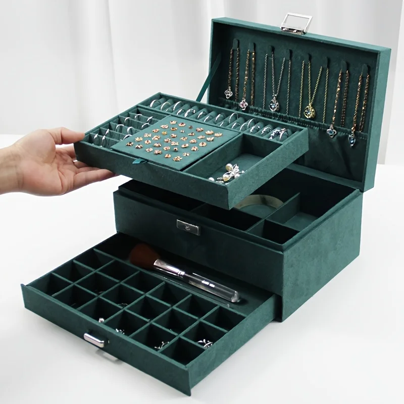 Leather three-tier jewelry storage box in a square drawer-style design