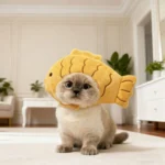 Playful character-inspired cloth head cover for a small cat