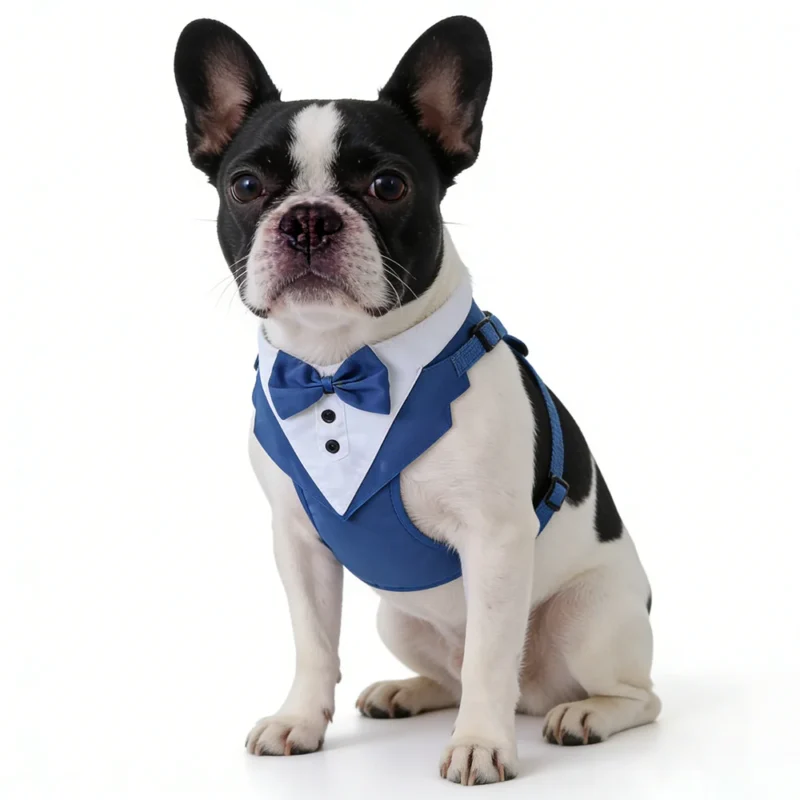 Pet tuxedo-style suit with bowtie available in blue, black, and gray