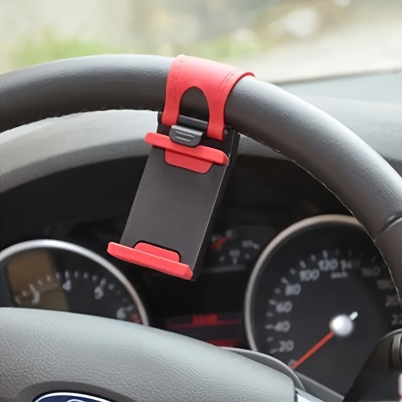 One-piece steering wheel car phone holder available in black and red