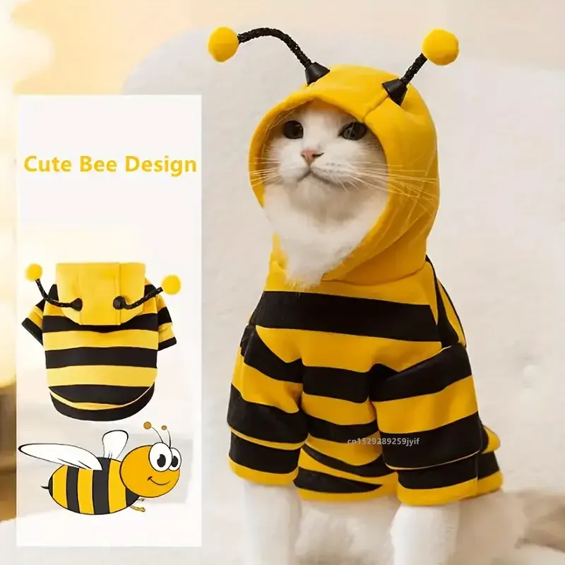 Yellow bee-inspired polyester pet hoodie costume for small and medium dogs and cats