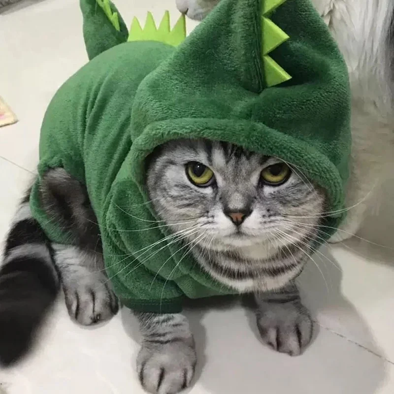 Green dinosaur-inspired fleece hoodie costume for a cat or small dog