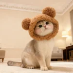 Playful character-inspired cloth head cover for a small cat