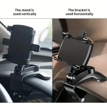 Black 360-degree rotating dashboard car phone holder with adjustable clamp