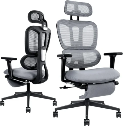 Modern ergonomic high-back office chair with adjustable headrest, armrests, reclining backrest, and retractable footrest