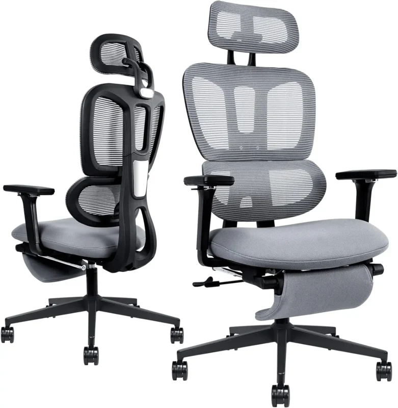 Modern ergonomic high-back office chair with adjustable headrest, armrests, reclining backrest, and retractable footrest