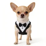 Pet tuxedo-style suit with bowtie available in blue, black, and gray