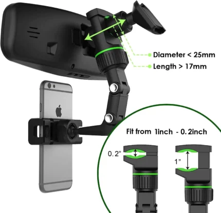 360-degree rotating retractable rearview mirror phone holder in gray and green options