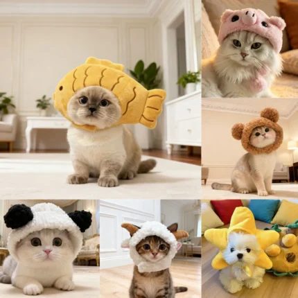 Playful character-inspired cloth head cover for a small cat
