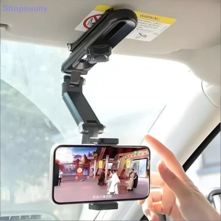 Adjustable gray and green multi-position car phone holder with clamp and rotating phone cradle