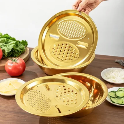 Golden 3-in-1 304 stainless steel kitchen set with mixing bowl, built-in grinder, filter, and lid