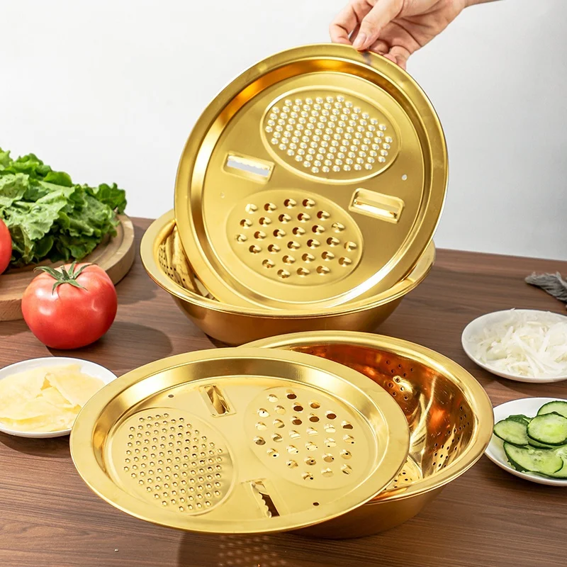 Golden 3-in-1 304 stainless steel kitchen set with mixing bowl, built-in grinder, filter, and lid