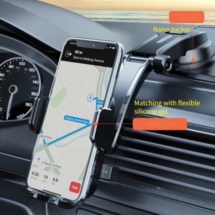 Black 360-degree adjustable dashboard car phone holder with suction cup