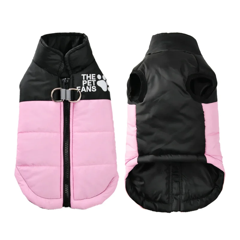 Printed waterproof winter pet jacket in pink, purple, turquoise and red