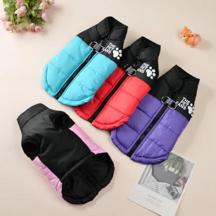 Printed waterproof winter pet jacket in pink, purple, turquoise and red