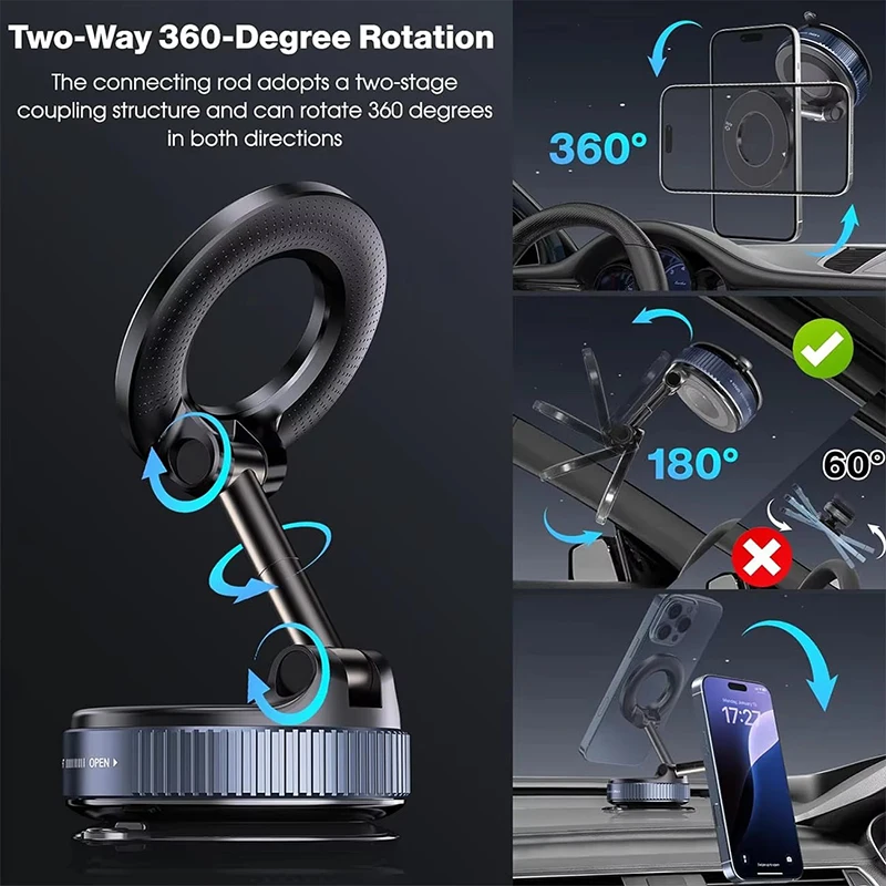 360-degree magnetic car phone holder with vacuum suction in black and white