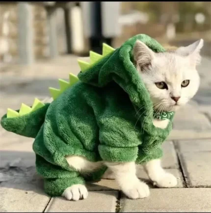Green dinosaur-inspired fleece hoodie costume for a cat or small dog
