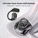 HTC NE11 wireless in-ear earbuds with HD control screen in purple, pink, and black