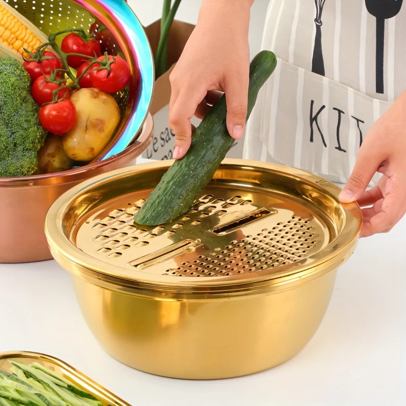 Golden 3-in-1 304 stainless steel kitchen set with mixing bowl, built-in grinder, filter, and lid
