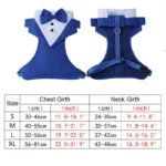 Pet tuxedo-style suit with bowtie available in blue, black, and gray