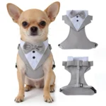 Pet tuxedo-style suit with bowtie available in blue, black, and gray